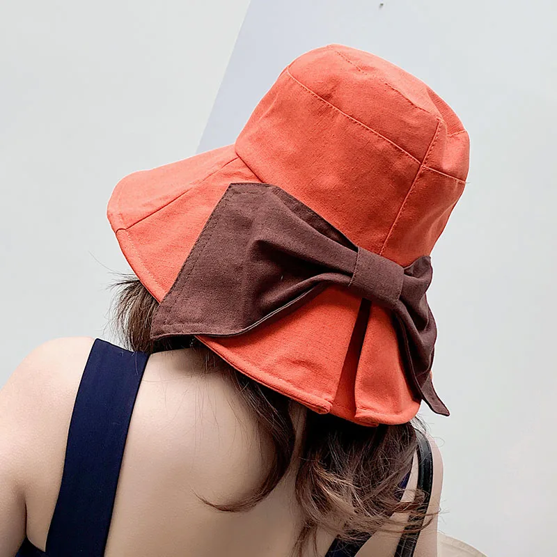 orange bow Шляпы от солнца Женская летняя шляпа женская пляжная шляпа летняя женская панама с бантом - Цвет: orange bow