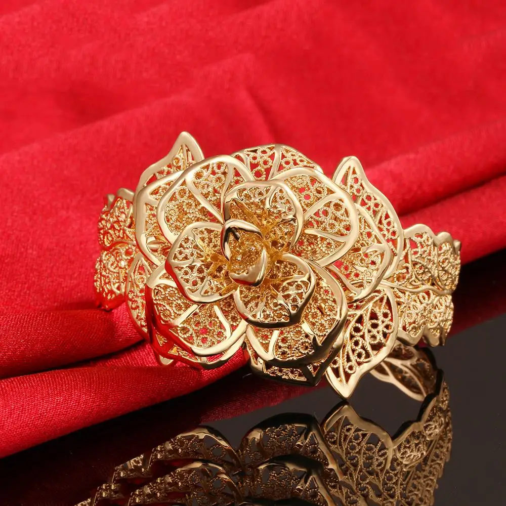 Браслет манжета из филиграни с цветком жёлтый золотистый Модный женский браслет