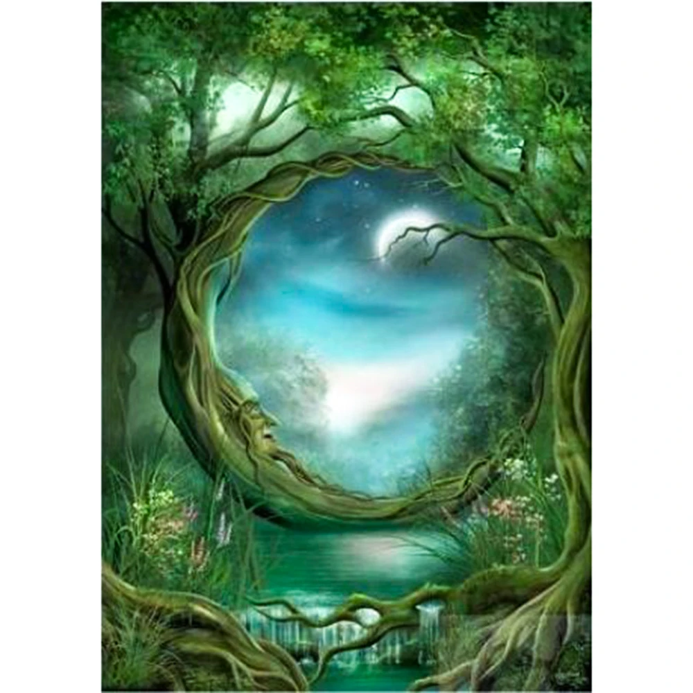

Алмазная живопись, полная круглая мозаика с зеленым пейзажем и деревом, алмазная живопись «сделай сам», полная вышивка крестиком, домашний ...