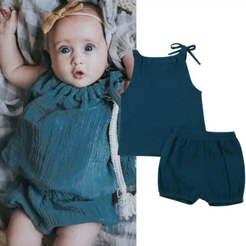 New 2PCS Toddler Baby Girls Ruffle Solid Vest Tops+Shorts Pants Outfits Summer Clothes Set | Мать и ребенок