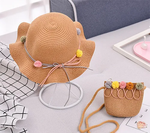 5color-coffee Соломенная красивая шляпа с цветочным рисунком для маленьких девочек, летняя шляпа для девочек, пляжная шляпа с козырьком, соломенная сумка, комплекты из двух предметов - Цвет: 5color-coffee