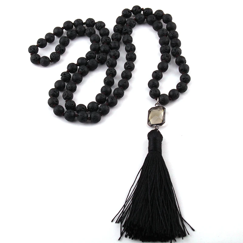 Женское ожерелье с кисточками длинное из черной лавы узелками бесплатная