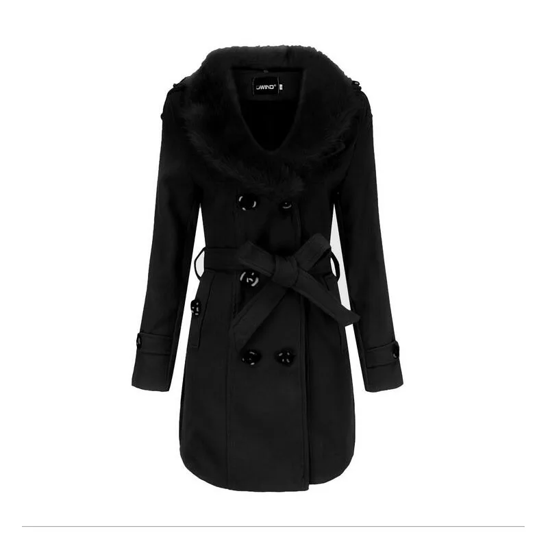 Женское шерстяное пальто с меховым воротником тонкая женская куртка двубортное