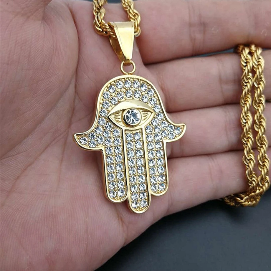 

Stainless Steel Hamsa Hand of Fatima Pendant & Chain Male Gold Color Paved Rhinestones Palm Necklaces For Men Turkish Jewelry