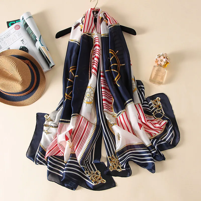 2019 Для женщин Элитный бренд Якорь шелковая шаль шарф леди новый дизайнер хиджабы