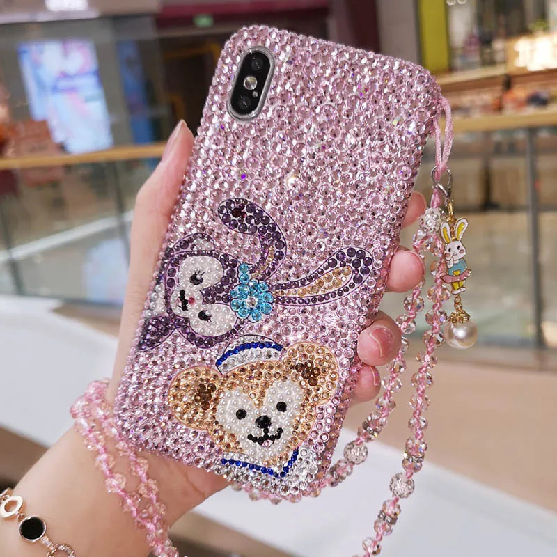 Для iPhone XS max XR X Роскошный чехол shelliemei с блестящим бриллиантом милый чехол Duffy для iPhone 8 8plus 7 7plus 6 6S 6splus+ шикарный ремешок - Цвет: case and strap