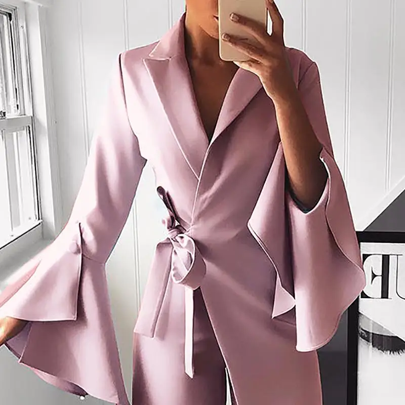 

Women Fashion Elegant Long Sleeve Workwear Formal Party Romper Irregular Flared Sleeve Knot Side Wide Leg Jumpsuit streetwear