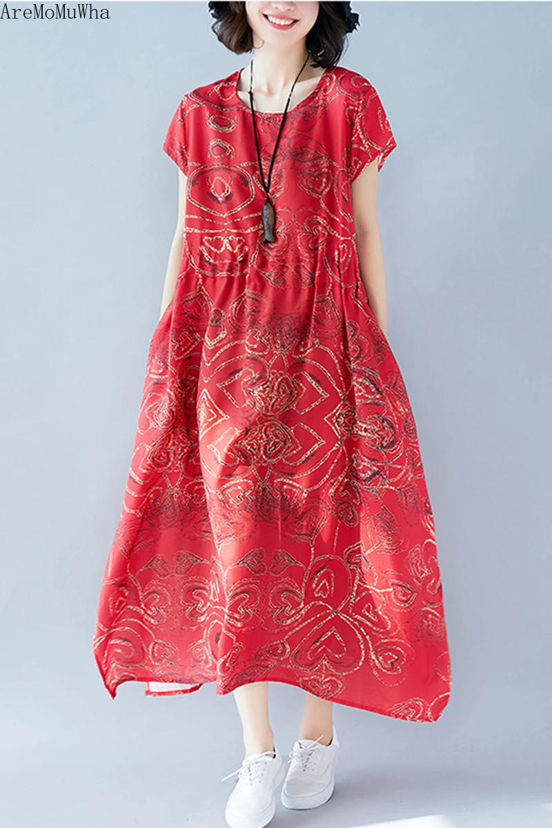 Женское летнее платье большого размера с принтом и высокой талией|Женские