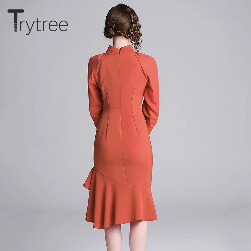 Trytree осеннее платье Элегантное полиэфирное одноцветное Оранжевое Женское