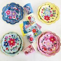 retrol flower paper plates cups birthdaywedding garden party paper cup decoration for disposable tableware set supplies