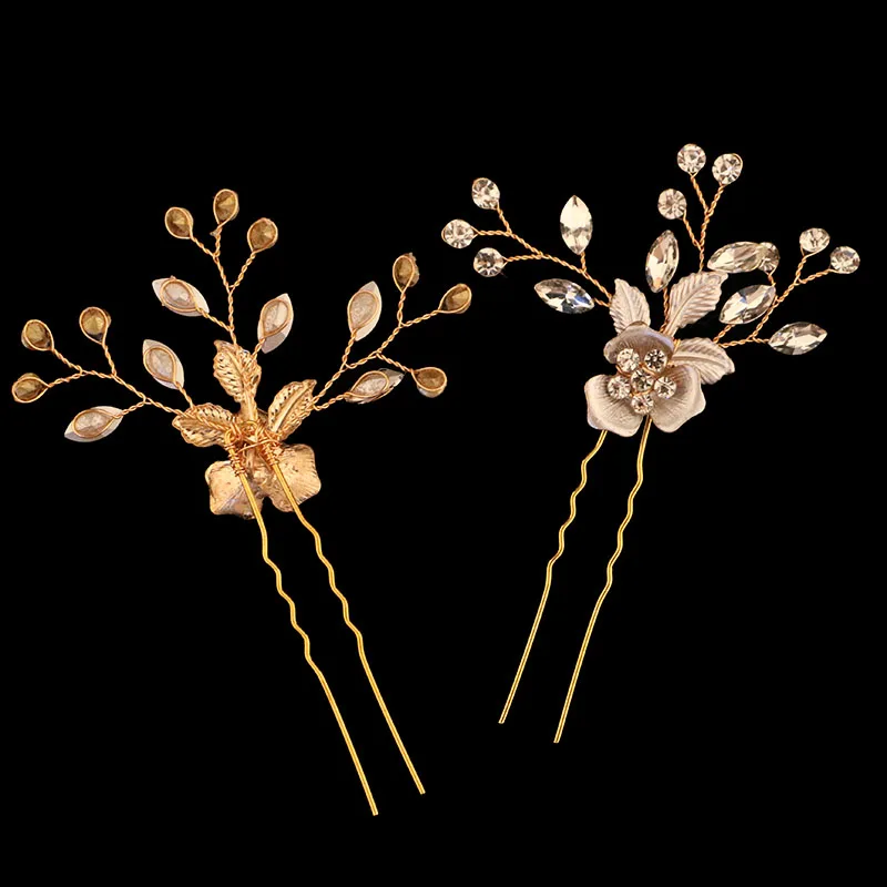 Винтажные шпильки для волос FORSEVEN 2 шт./компл. в виде листьев цветов кристаллов