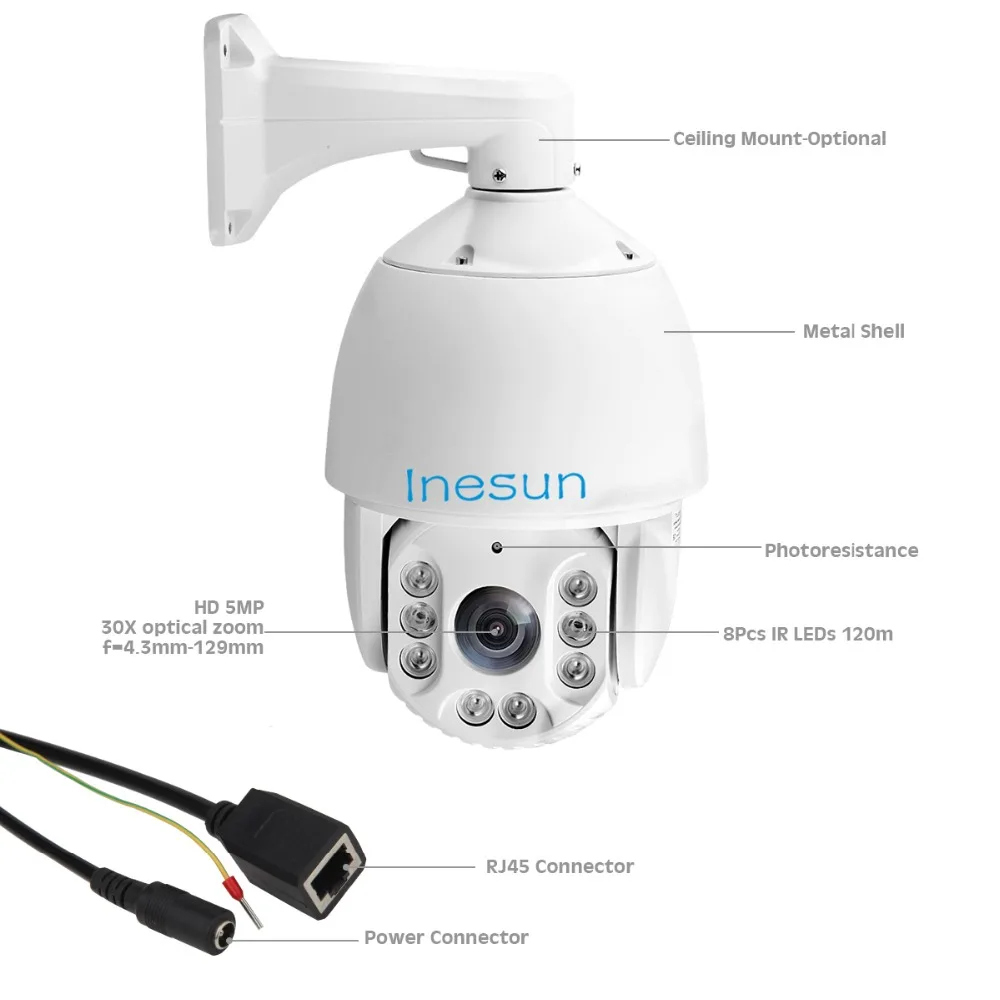 Inesun H.265 наружная PTZ IP камера безопасности 7 дюймов 5MP супер HD 2592x1944 30X оптический зум