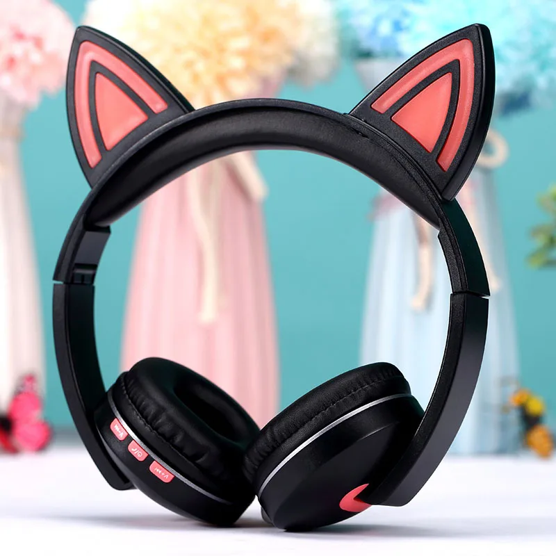 red Кошачьи Наушники Беспроводные Bluetooth 5,0 гарнитура со светодиодный светильник Складные стерео наушники с микрофоном для ПК компьютера мобильного телефона - Цвет: red