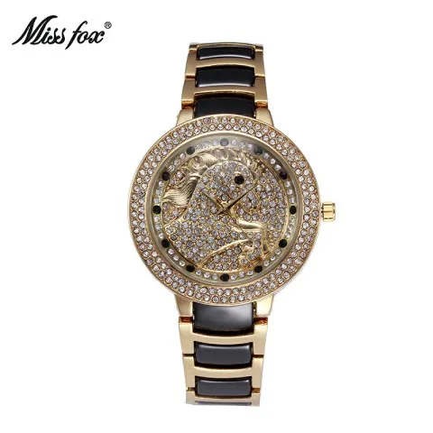MissFox Единорог кварцевые часы золотые женские часы люксовый бренд Uhr Фантастическая Мода Акция полный горный хрусталь белые керамические часы - Цвет: T0103