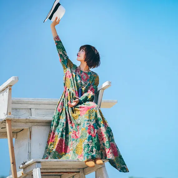 Для женщин Цветочный принт льняное платье длинные плиссированные платья