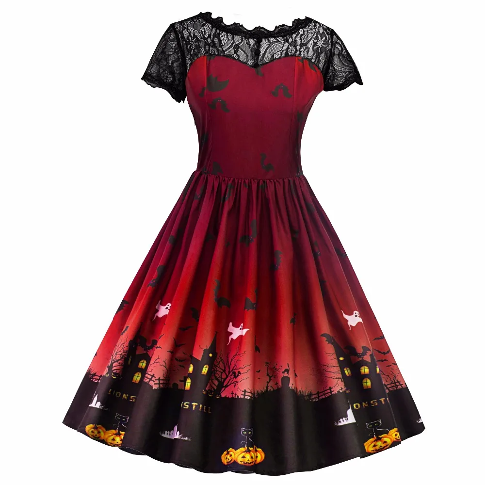 Для женщин ретро Кружева контраст тыквы печати Вечеринка платье рокабилли