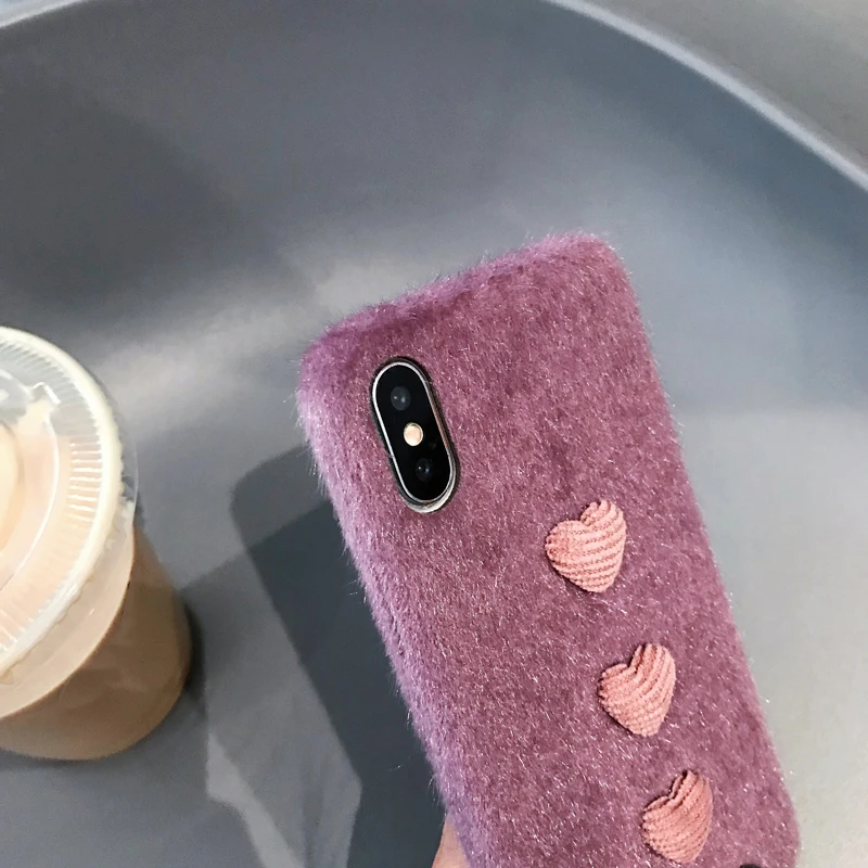 Милый модный фиолетовый пушистый чехол для iPhone xs max xr x мягкий с сердцем 7plus 7 8 plus 6s 6