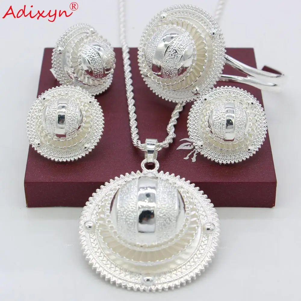 Adixyn серебряное эфиопское ожерелье/кулон/серьги/Кольцо/браслет Ювелирные наборы серебряный цвет Habesha Африканские свадебные подарки N06155