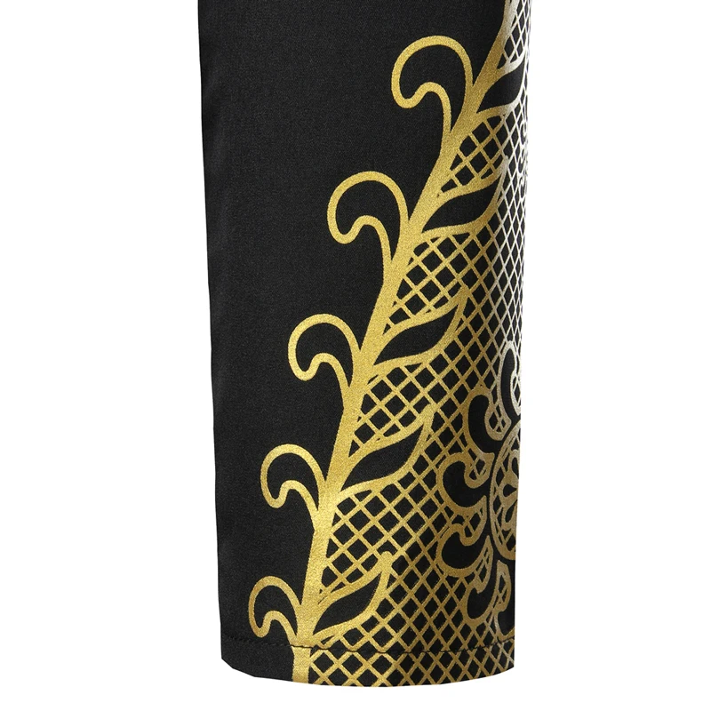 Мужская Уличная рубашка Дашики черная удлиненная с золотым цветочным принтом в