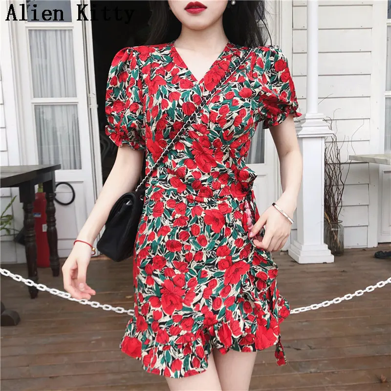 Alien Kitty Prairie Chic Ruffles Sweet Women Casual 2019 Summer V-Neck Trumpet All-Match Short-Sleeved Free Mini Mermaid Dress | Женская