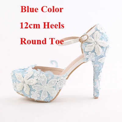 Blue 12cm Round Toe Синие кружевные свадебные туфли с острым носком и круглым носком; свадебные модельные туфли с ремешком на щиколотке; туфли-лодочки для выпускного - Цвет: Blue 12cm Round Toe