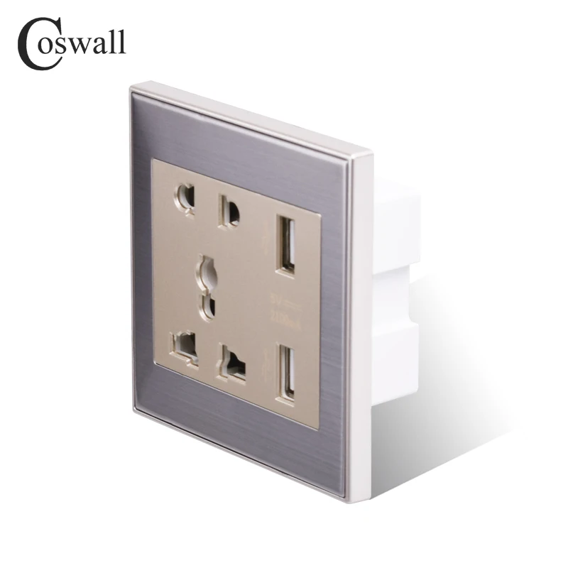 Coswall нержавеющая сталь панель универсальная настенная розетка 2.1A USB зарядное устройство 2 порта USB розетка зарядное устройство для телефона серый/золотой