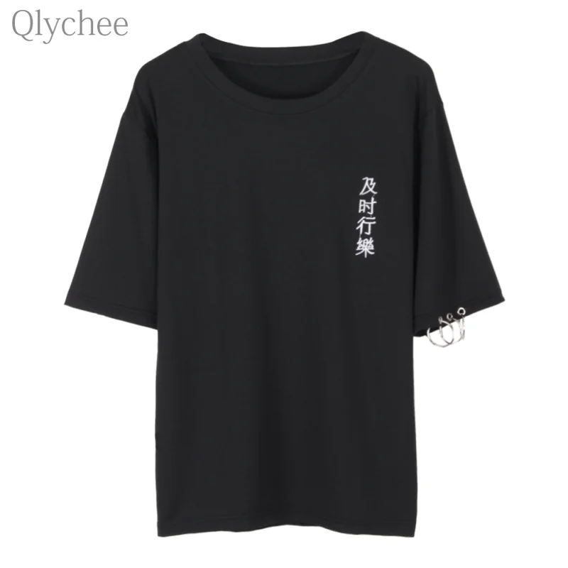 Qlychee панк хип-хоп стиль футболка Китайская вышивка металлическое кольцо Футболка