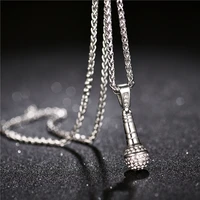 rock punk microphone pendant necklace menwomen stainless steel micro pave cubic zircon gold color plated necklace