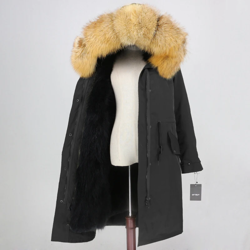 black black gold Пальто с натуральным мехом, бренд X-long Parka, водонепроницаемая ткань, верхняя одежда, зимняя куртка для женщин, натуральный Лисий мех, капюшон, подкладка из лисьего меха, отстегивается - Цвет: black black gold