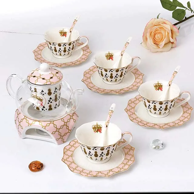 Full Set I YeFine керамический набор для чая с цветами 15 шт., британский вечерний черный чайный набор, нагреваемый стеклянный чайный горшок из костяного фарфора, чайные чашки и блюдца - Цвет: Full Set I