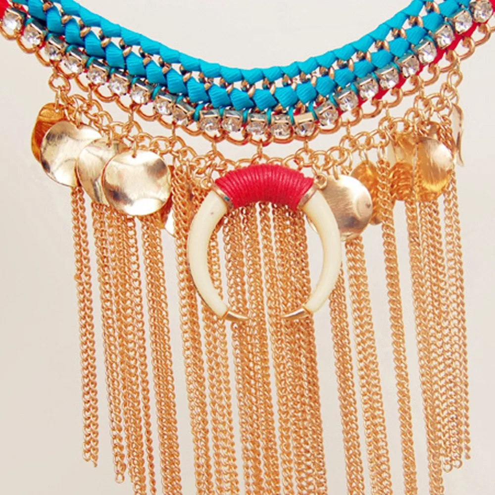 New Fashion Big Woven Long Tassels Choker Necklace Vintage Ox Horn wafer Maxi Statement Women Jewelry #277147 | Украшения и