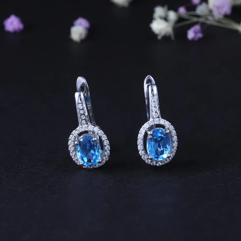 Серьги-гвоздики женские из серебра 925 пробы с натуральным голубым топазом карата