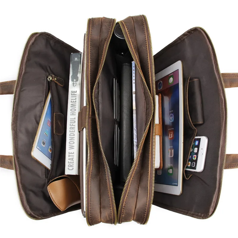 

Nesitu Brown Crazy Horse Genuine Leather Men Briefcase Messenger Bags Portfolio 15.6'' 14'' Laptop Business Travel Bag M7388
