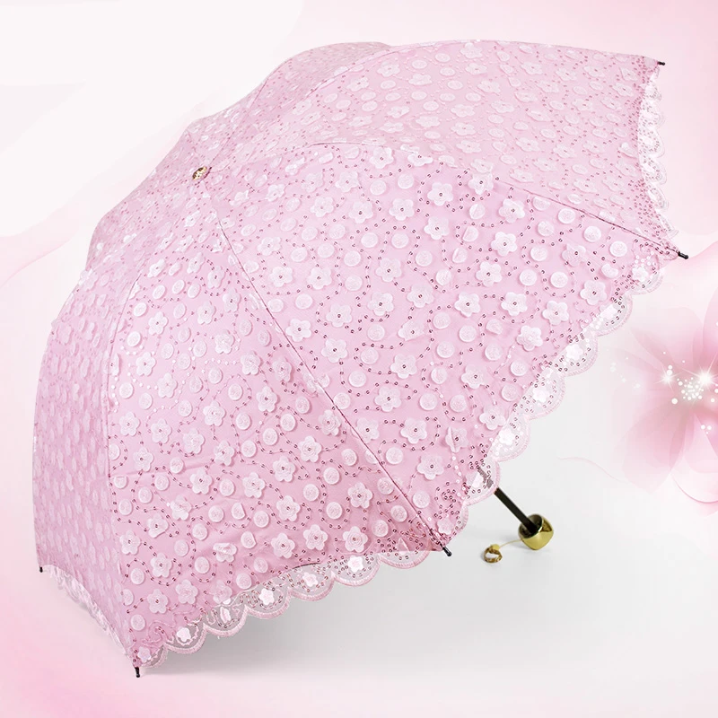 Двойной слой кружева 3 Складной Ветрозащитный женский зонтик белый розовый анти-УФ Защита подарок девушка женский Зонтик Свадебный