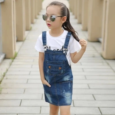 Spring girls clothes autumn girl suspender dress children denim removable strap kid sleeveless 12 14 15 Years | Детская одежда и