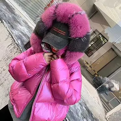 hot pink Женская зимняя куртка, пуховик с воротником из натурального Лисьего меха, парка, верхняя одежда, Толстая теплая зимняя куртка - Цвет: hot pink
