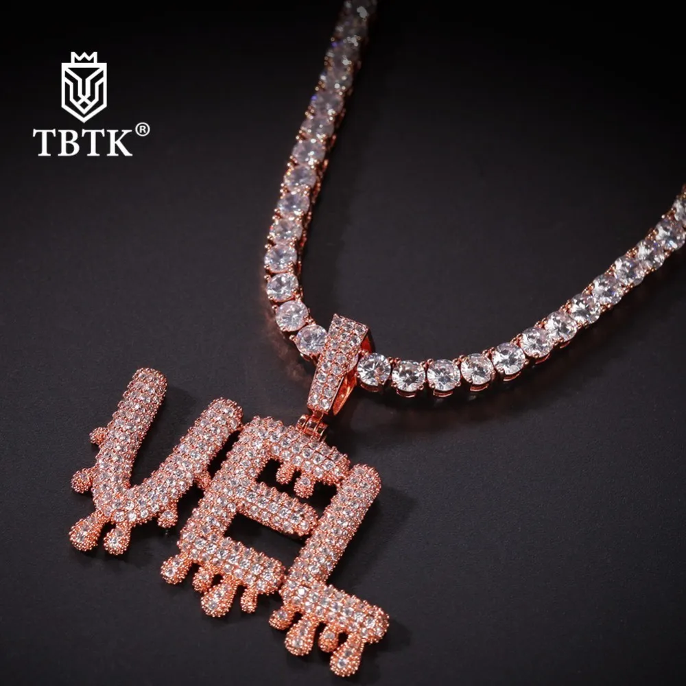 

TBTK Sale Rose Gold 4mm CZ Tennis Chain Water Drip Small Letter Custom Pendant Iced Out for Man Luxury Jewlery Copper Necklace