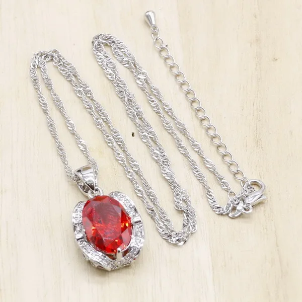 Red with chain Овальные оливково-Зеленые Синие красные камни 925 Серебряное ожерелье Подвеска для женщин ювелирные изделия 3 Цвета - Окраска металла: Red with chain