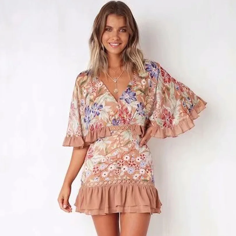 Оборками летнее платье Цветочный принт выдалбливают крючком Flounce Dress Для