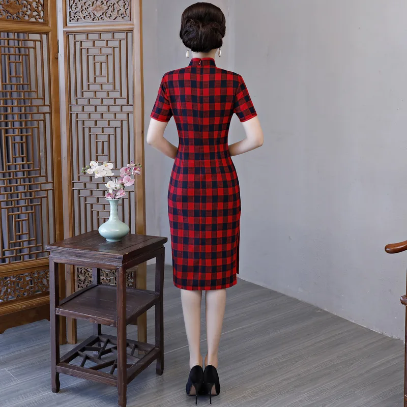 

2019 Knee Length Cheongsam Traditional Chinese style Short Sleeve Dress Womens Spring Cotton Qipao Slim Party Dresses Vestido