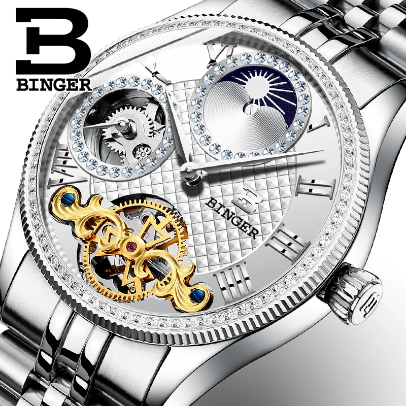 Moon Phase Automatic Wristwatches BINGER Men Mechanical Watch Tourbillon Clock relogio masculino Luxury Rhinestones waterproof|rhinestone