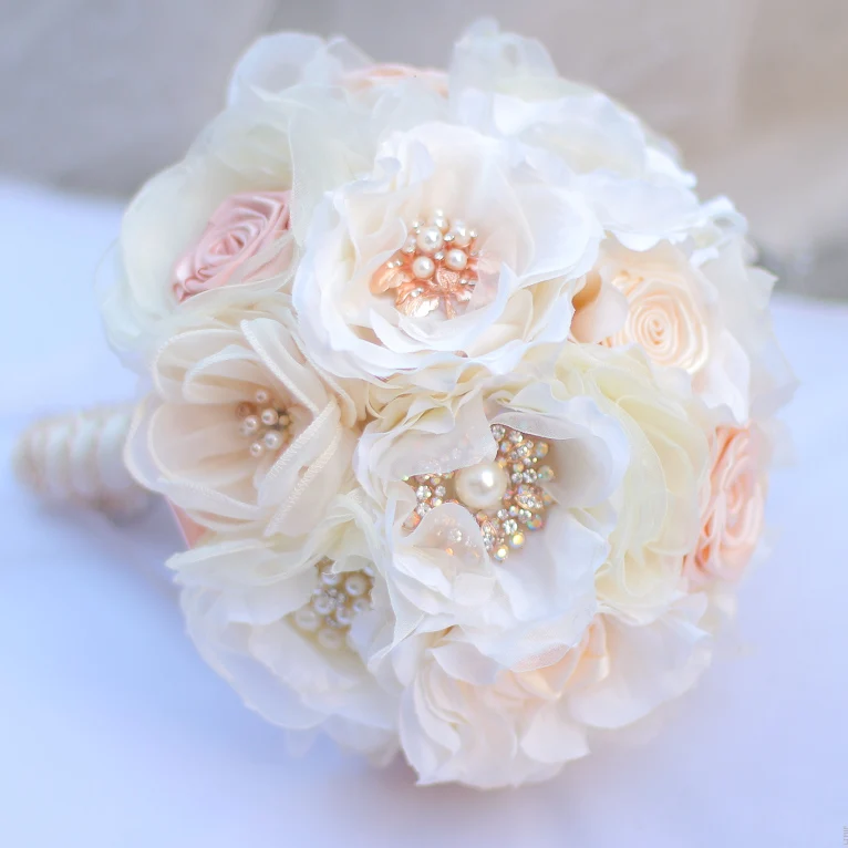 

Bride holding flowers, New arrival Romantic Wedding silk flower Bride 's Bouquet,Ivory Coral and Gold bridal bouquets