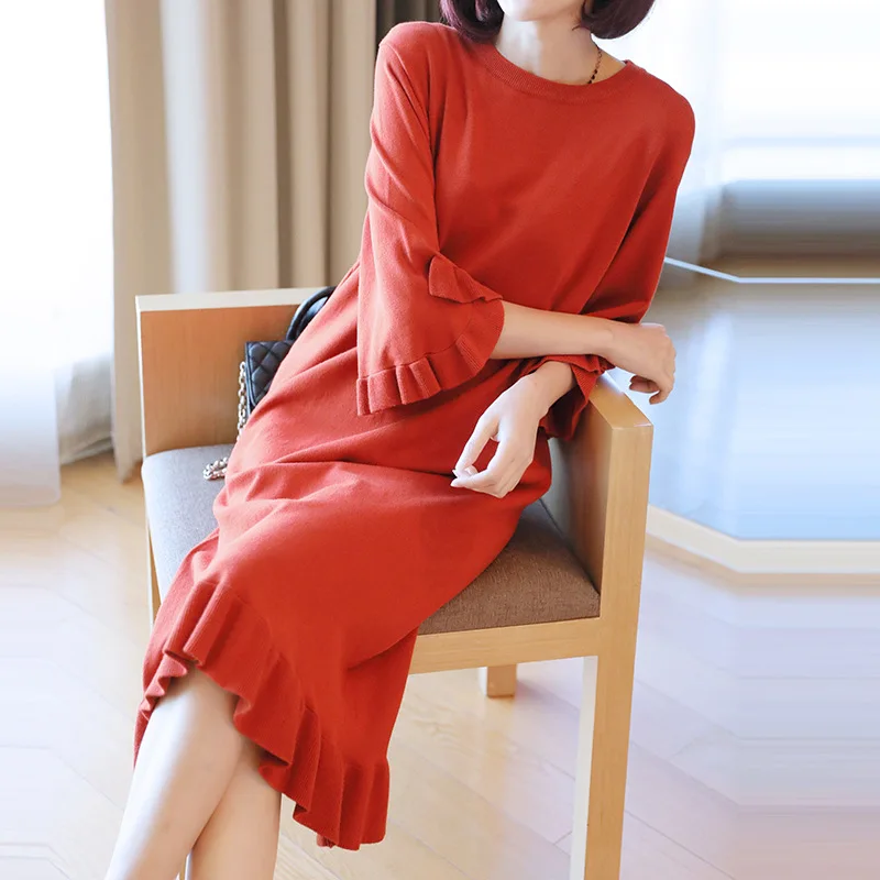 

2018 early autumn new women's long loose large size ruffled knit dress autumn bottoming sweater