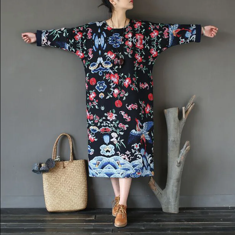 Женское весенне-осеннее платье 2017 новое модное хлопковое льняное с принтом птицы