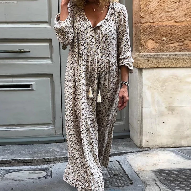 Элегантное женское платье повседневное с цветочным принтом длинным рукавом