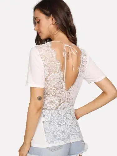 

New Women Summer Top Short Sleeve Lace Blouse Backless Casual Blouses Tops Ladies