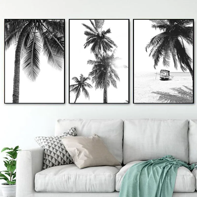Nordic Tropical Palm Tree Canvas Painting Black White Beach Poster Print Landscape Wall Art Picture for Living Room Home Decor | Дом и сад