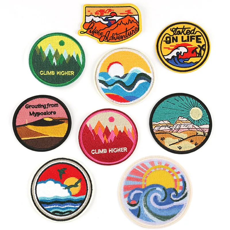 Новые DIY железные нашивки круглый знак океан горы море солнце шить стикер для
