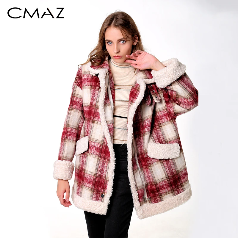 

CMAZ 2019 autumn winter red plaid woolen coat new fashion causal women turndown collar thick coat MX18D6457