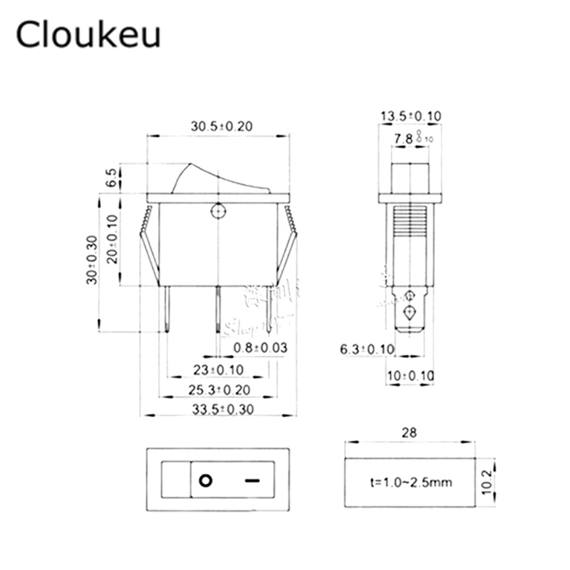 

5Pcs 10*28MM Rocker Switch White With lamp KCD3-102N 3Pin 2File Seesaw Power switch 16A250V